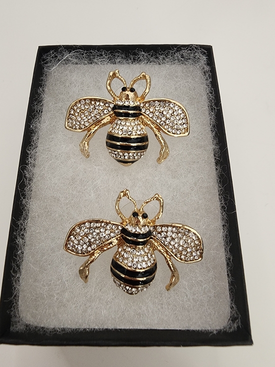 Jewelry - Gold Bee Earrings with Black Enamel & Rhinestones